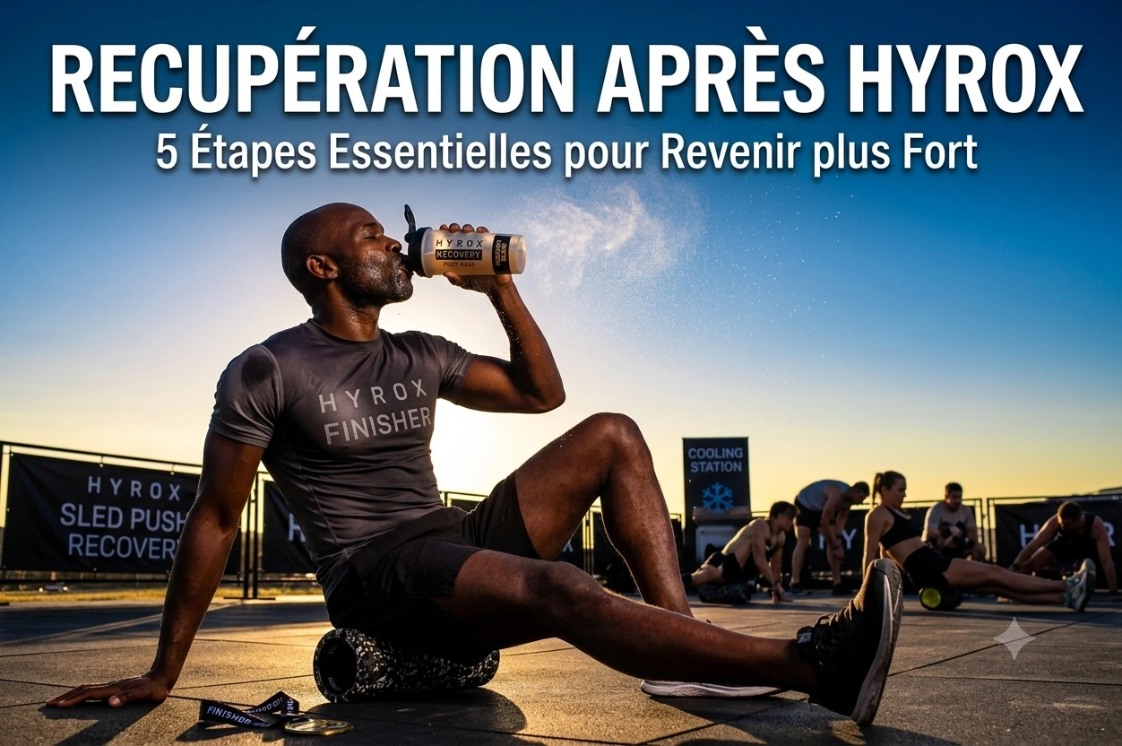 Athlete Hyrox en phase de recuperation avec foam roller apres la course
